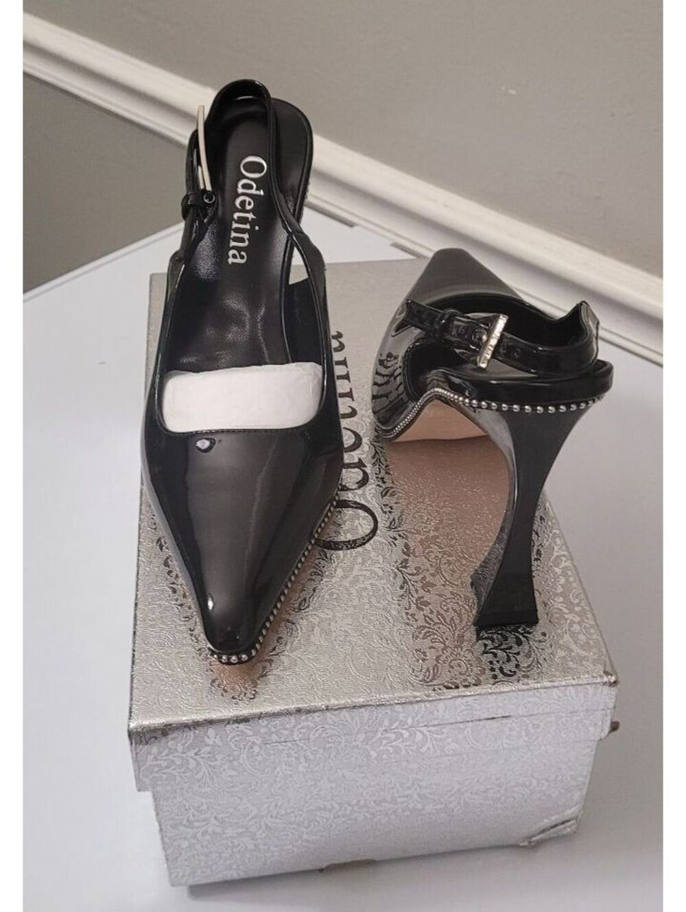 Odetina Women's Slingback Chunky Heels Pointed Toe Beaded Pumps Shoes Size 7